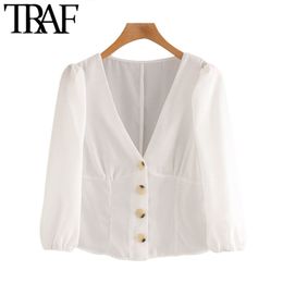 TRAF Women Fashion Office Wear Button-up Blouses Vintage V Neck Half Sleeve Female Shirts Blusas Chic Tops 210415