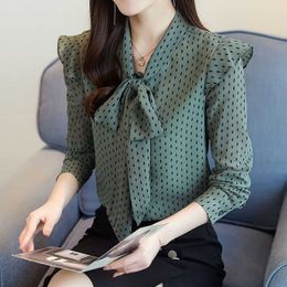 Korean Chiffon Women Blouses Woman Polka Dot Shirts Ruffles Tops Plus Size Print Shirt Bow Tie Top XXL 210604