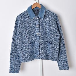 2022 Spring Long Sleeves Lapel Neck Blue Jacket French Style Solid Colour Tweed Double Pockets Panelled Single-Breasted Jackets Short Outwear Coats 20S271092