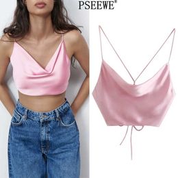 Za Woman Pink Satin Crop Top Women Summer Spaghetti Straps Backless Sexy Tank Female Beachwear Tanks Camis 210608