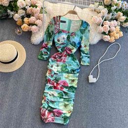 Spring Autumn Temperament Dress Folds Show Waist Hip Bubble Sleeve Slim Mid-length Elegant Printed UK866 210507