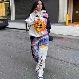 Winter Tracksuits Hip Hop Tie Dye Letter Print Women Two Piece Set Graphic Hoodies Pants Suits Plus Size Fashion Clothes 210930