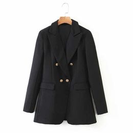 vintage women black blazer office ladies full sleeve jackets causal female double breasted suits chic girls sets 210527