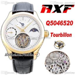 AXF Q5046520 Mechanical Hand Winding Tourbillon GMT Mens Watch Master 18K Yellow Gold White Dial Moon Phase Power Reserve Black Leather Super Edition Puretime B2