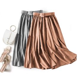 Summer women Skirt with belt Classic a word skirt thin solid Colour High waist retro loose mid-length 210420