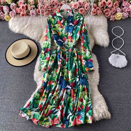 Fashion Designer Tropical Jungle Flower Print Ruffles Shirt Women Long Sleeve Peter Pan Collar Buttons Green Midi Dress 210416