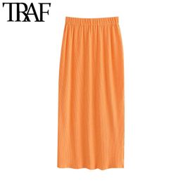 TRAF Women Chic Fashion Orange Knitted Pencil Skirt Vintage High Elastic Waist Office Wear Female Skirts Mujer 210415
