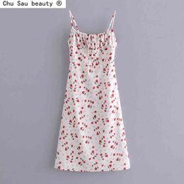 Vintage Girl Summer Idyllic Holiday Red Floral Print High Waist Strap Slim Midi Dress For Woman 210508