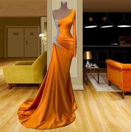 Orange Elegant Charming Mermaid Evening Dresses Long Spaghetti Straps One Shoulder Crystals Floor Length Formal Prom Party Gown Vestidos Custom Made