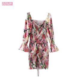 Vintage Women Square Collar Long Sleeve Fashion Floral Women's Flared Sleeve Slim Dress Waist Mini Chic Female Dresses 210507