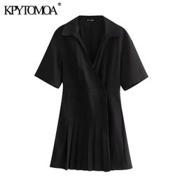 Women Chic Fashion Pleated Crossover Mini Dress V Neck Short Sleeve Female Dresses Vestidos Mujer 210420