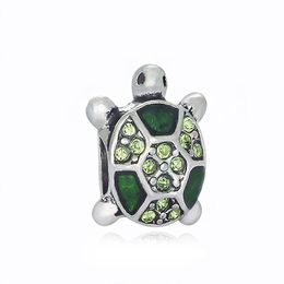 Fits Pandora Sterling Silver Bracelet 20pcs Turtle Green Enamel Crystal Beads Spacer Charms For European Snake Charm Chain Fashion DIY Jewellery Wholesale