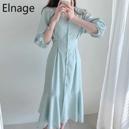 Korean Temperament V-neck Pleated High Waist Slim Ruffled Mermaid Dress Summer Short Sleeve Solid Office Lady Robe Femme 5B037 210610