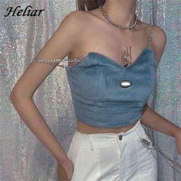 HELIAR Winter Women Velvet Sexy Crop Tops Night Club Bustier Crop Tops Metal Chain Straps Underwear Camisoles Tops Women 210407