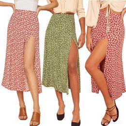 European And American Style Flower Polka Dot Print High Waist Stretch Split Long A-line Skirt Women Skirts