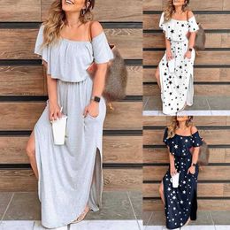 Party Long Dress Women Summer Off Shoulder Short Sleeve Stars Print Ruffled Hem Y1006