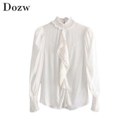 Chic Puff Long Sleeve White Blouse Women Turtleneck Ruffle Fashion Stylish Ladies Shirts Tops Autumn Hollow Out Streetwear Tunic 210414