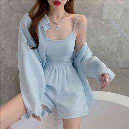 Women Shorts Set Summer Blouse Tracksuit Long Sleeve Shirt Tops Loose Suit 3 Piece Office Lady Blue Pink 210529