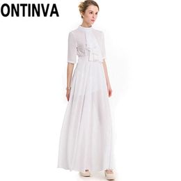 Elegant White Maxi Chiffon Dress Slim Waist Stand Collar Half-Sleeve Big Swing Omighty Party Streetwear Vestidos De Fiesta 210527