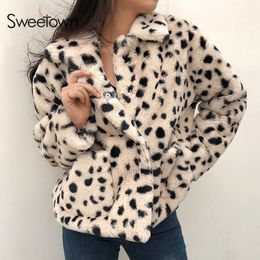 Women's Fur & Faux JRYYT Leopard Print Y2K Teddy Jacket Coat Women Winter Thick Warm Overcoat Turn Down Collar Outerwear Vintage Coats