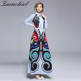 Fall Designer Runway Lady Bow Belt Vintage Print Turn-down Collar Long Sleeve Slim Women Floor Length Maxi Dress 210416