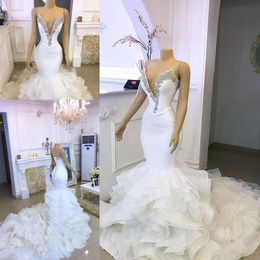 Tiered Ruffles Cathedral Train Wedding Dresses Sweetheart Lace-up Corset Top Beaded African Arabic Aso Ebi Mermaid Bridal Gown