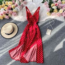 Summer Women Sexy V-neck Spaghetti Strap Backless A-line Dress Elegant Button Split Polka Dot Beach 210423