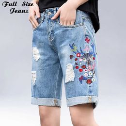 Plus Size Korean Knee Length Shorts 7XL Embroidered Cuffs Hole Ripped Denim Jeans Women Female High Waist Loose Wide Leg Pants H0908