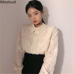 Spring Jacquard Lace Blouses Shirts Women Long Sleeve Turn-down Collar Korean Fashion Office Elegant Tops Pullovers 210513