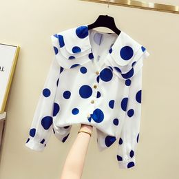 Autumn Fashion Womens Layered Doll Collar Dot Shirt Tops Female Long Sleeves Blouses Shirts A2759 210428