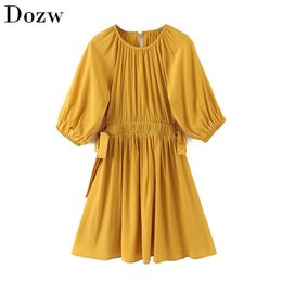 Women O Neck Sweet Yellow Dresses Summer Half Sleeve A Line Casual Mini Dress Elastic Waist Bow Tie Chic Party Dress 210414