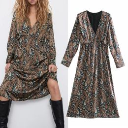 Fall Boho Print Satin Dress Women Elegant Bohemian Maxi Woman Long Sleeve Pleated Elastic Waistband Ladies es 210430