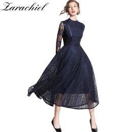 Designer Navy Blue Party Runway Women Lace Floral Hollow Out Vintage Sleeve Stand Collar Long Dress 210416