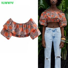 VUWWYV Vintage Floral Print Poplin Woman Tops Summer Chic Off Shoulder Crop Top Women Short Puff Sleeve Elastic Blouses 210430