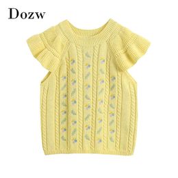 Women Chic Floral Embroidery Tank Tops Summer O Neck Fashion Camisole Yellow Casual Knitted Tank Female Ropa Mujer 210414