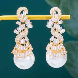 Brand Romantic Luxury Shiny Gorgeous Pearl Pendant For Women Wedding Party CZ Dubai Bridal Earrings Trendy Jewellery
