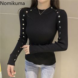Nomikuma Knitted Slim Sweater Women Solid Colour O Neck Long Sleeve Buttons Basic Top Pullover Casual Fashion Black Jumpers 3d483 210514