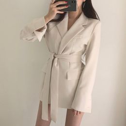 Spring Autumn Women Blazer Solid Notched Collar Sleeve Female Suit Office Ladies Long Belt Coat Jacket Outwear 210416