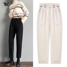 Women's Elastic High Waist Harem Pants Wide Leg Wool Trousers Slim Basic Female Solid Pant Thick Casual Autumn Winter 211115