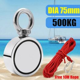 600/800/1000KG Double-sided Powerful Round Neodymium Magnet Permanent Hook Salvage Magnet Sea Fishing Equipments Holder+Ring 20M Ropea