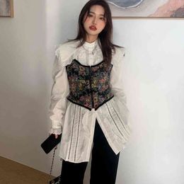 Loose Fungus Puff Long Sleeve White Big Lapel Shirts Dress Women Mini Ruffles Sexy Floral Embroidery Camisole Jacquard Tops Sets 210429