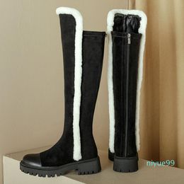 Boots 2022 Arrive Winter Keep Warm Over The Knee Snow Square Heels Round Toe Patchwork Genuine Leather Shoes