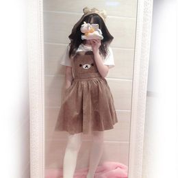 Women's Kawaii Dresses Cute Bear Embroidery Wear Lolita Overall Bandage Dress Summer with Detachable Hood Plus Size