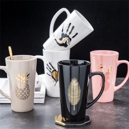 Ceramic 500ml Coffee Mug Creative Forest Star Art Pattern Cup Milk Mugs With Lid Spoon Home Drinkware Lovers Gift Wedding 210804