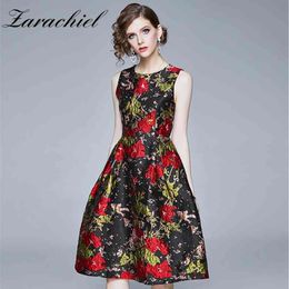 High Quality Women's Sleeveless O-Neck Vest Elegant Vintage Red Floral Jacquard Fashion Party Summer Ball Gown Dress 210416
