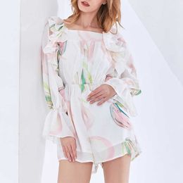 Beach Style Ruffles Sleeve Design Print Jumpsuits Women Sweet Silm Waist Rompers Casual Fashion Office Lady Jumpsuit 210525