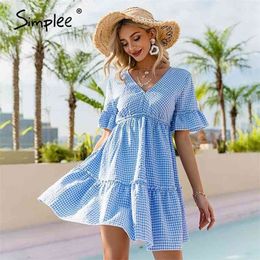 V-neck ruffle sleeves blue plaid women Lace up short sleeve high waist knee length Summer elegant lady dress 210414