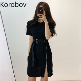 Korobov Spring Summer New Vintage Tie Women Dress Chic A-Line High Waist Solid Dresses Short Sleeve Zipper Vestidos 210430