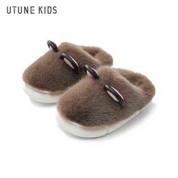 UTUNE KIDS Winter Coco Bear Children's Slippers Cartoon Fluffy Girls Home Shoes Warm Anti-slip Sole Boys House Shoes For Kids 211119