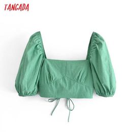 Tangada Women Retro Green Back Lace Up Crop Shirt Short Sleeve Summer Chic Female Sexy Slim Shirt Tops 3H413 210609